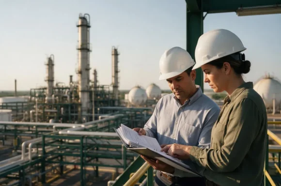 Asesores regulatorios revisan documentos de permisos en una pasarela de una refinería