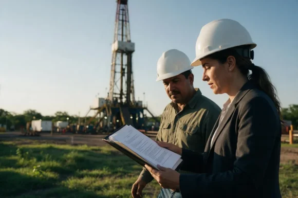 Abogada en energía revisa un contrato con un ingeniero de perforación frente a un equipo de perforación terrestre
