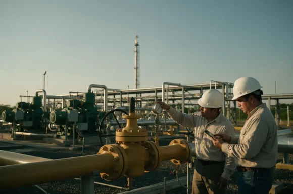 Ingenieros revisan un manómetro y lecturas en una estación de compresión de gas natural