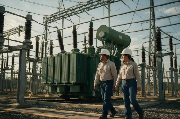 Ingeniera e ingeniero recorren una subestación eléctrica de alta tensión junto a un transformador