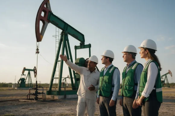 Ingeniero de campo explica el funcionamiento de un balancín petrolero a profesionales de otras áreas