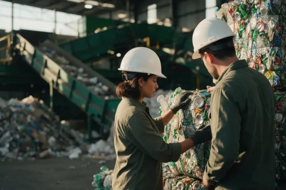 Especialistas en sostenibilidad revisan pacas de plástico y aluminio reciclado en una planta de valorización