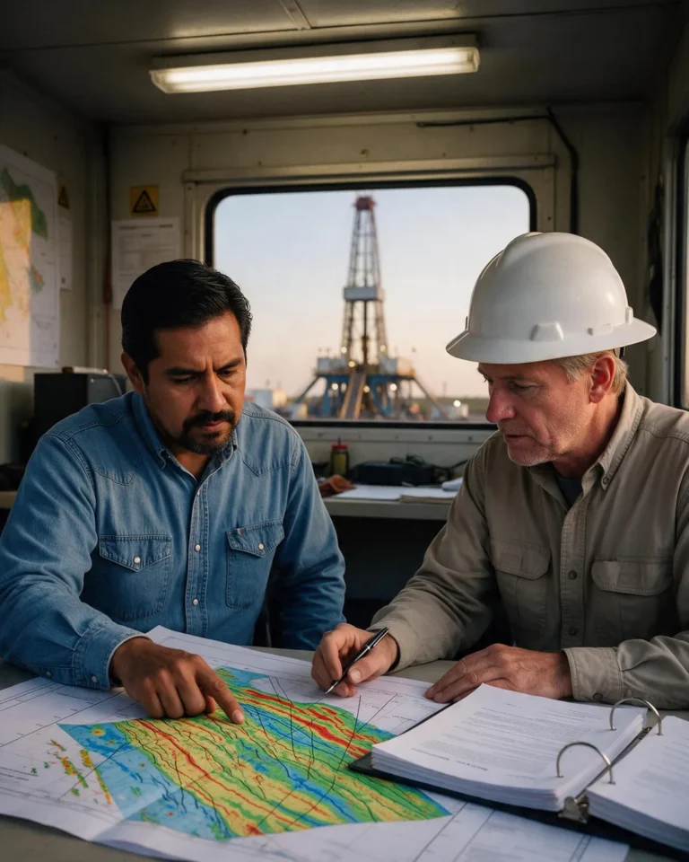 Abogado y geocientífico revisan mapas sísmicos y un contrato frente a un equipo de perforación
