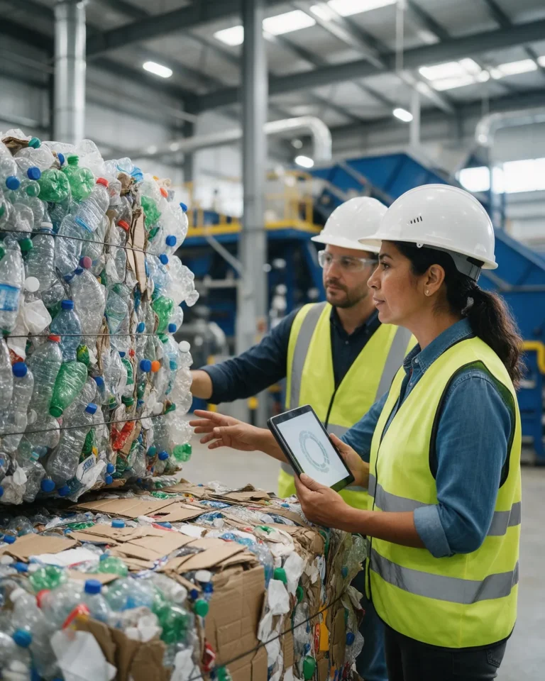 Gerente de sostenibilidad e ingeniero revisan pacas de material reciclable en una planta de valorización